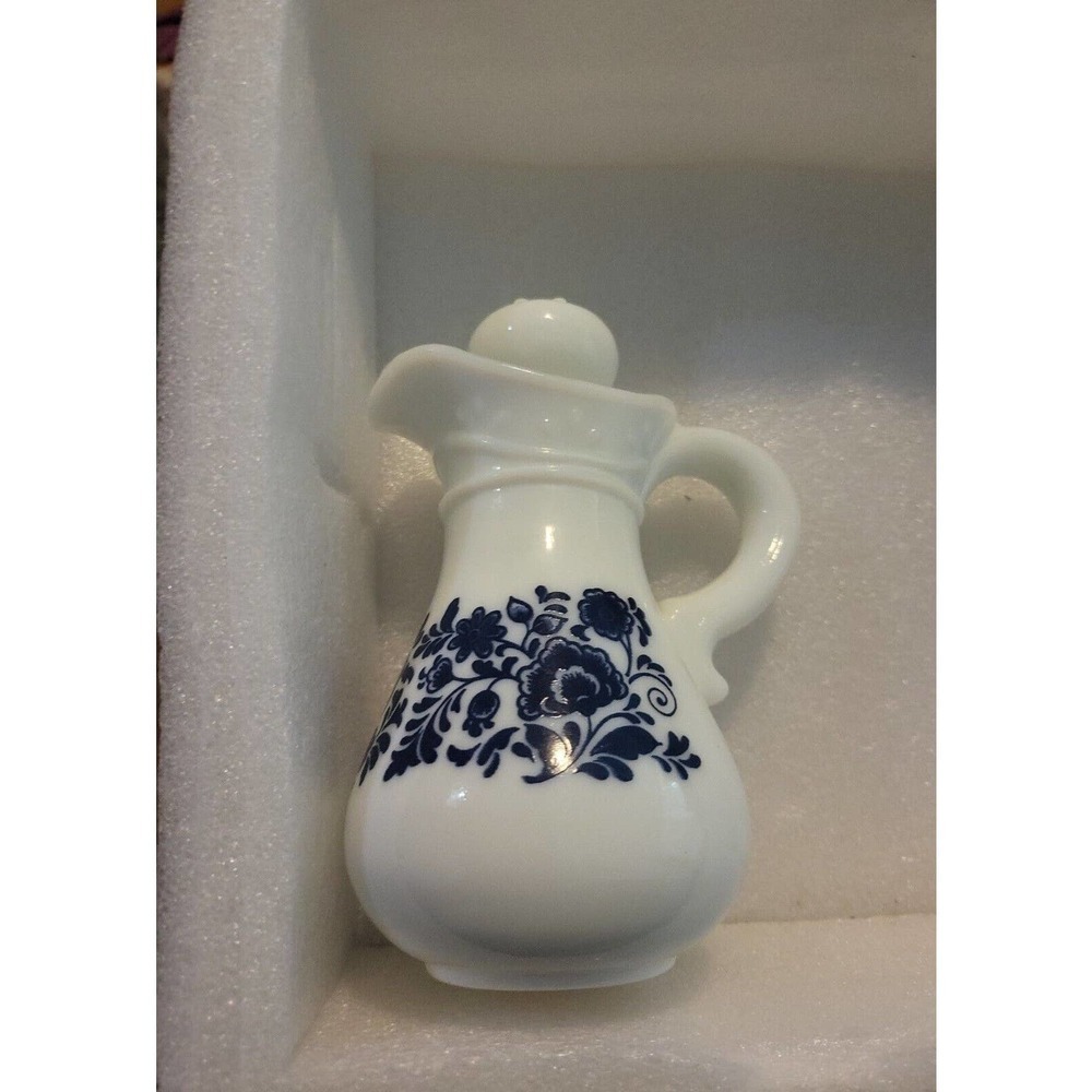 Avon Delft Blue Pitcher Bath Oil Decanter White Milk Glass Bottle, Empty Vintage